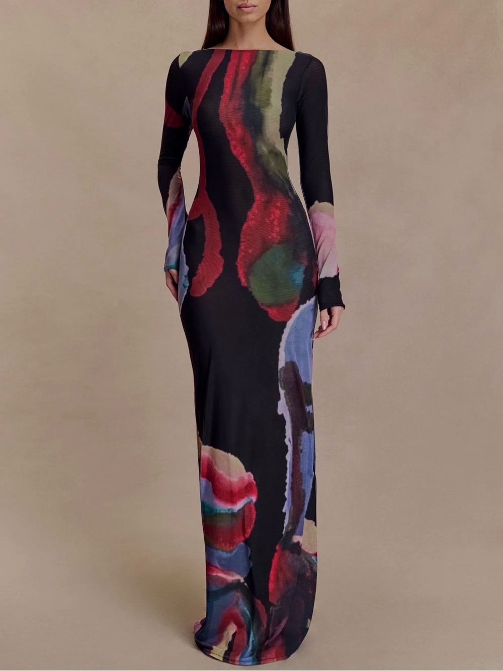 Meshki Black Long Sleeve Abstract Print Maxi Dress